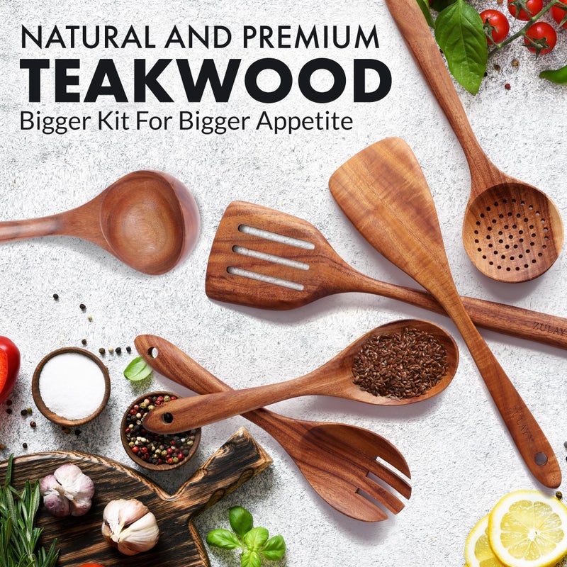 Zulay Kitchen Extra-Large 6-Piece Wooden Spoon Set - Smooth Teak Cooking Utensils - Comfort-Grip Non-Stick Turner, Spatula, Skimmer, Fork, Serving Spoon - Image 2