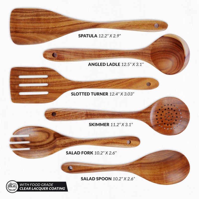 Zulay Kitchen Extra-Large 6-Piece Wooden Spoon Set - Smooth Teak Cooking Utensils - Comfort-Grip Non-Stick Turner, Spatula, Skimmer, Fork, Serving Spoon - Image 5