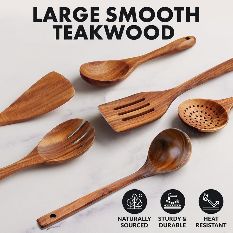 Zulay Kitchen Extra-Large 6-Piece Wooden Spoon Set - Smooth Teak Cooking Utensils - Comfort-Grip Non-Stick Turner, Spatula, Skimmer, Fork, Serving Spoon - Image 3