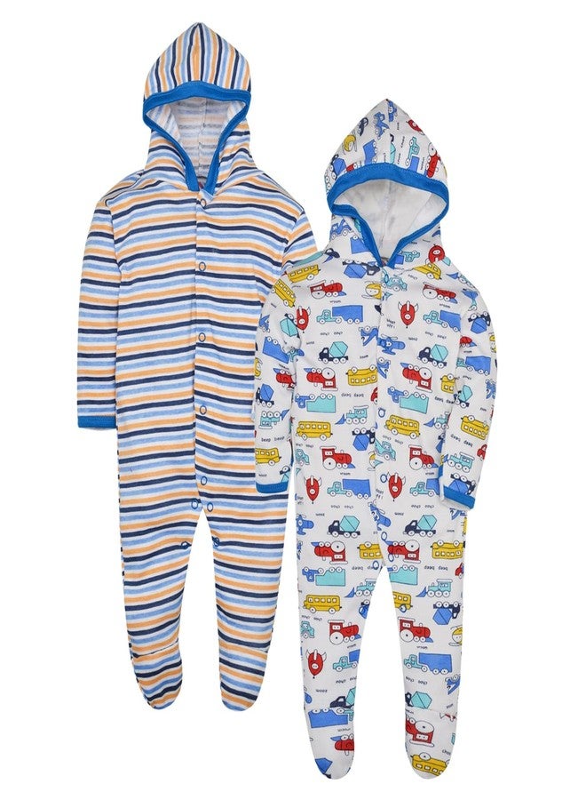 Magic Town® 100% Cotton Unisex Hooded Rompers for Kids and Infants Set of 2 (Blue) (New Born) - Image 1