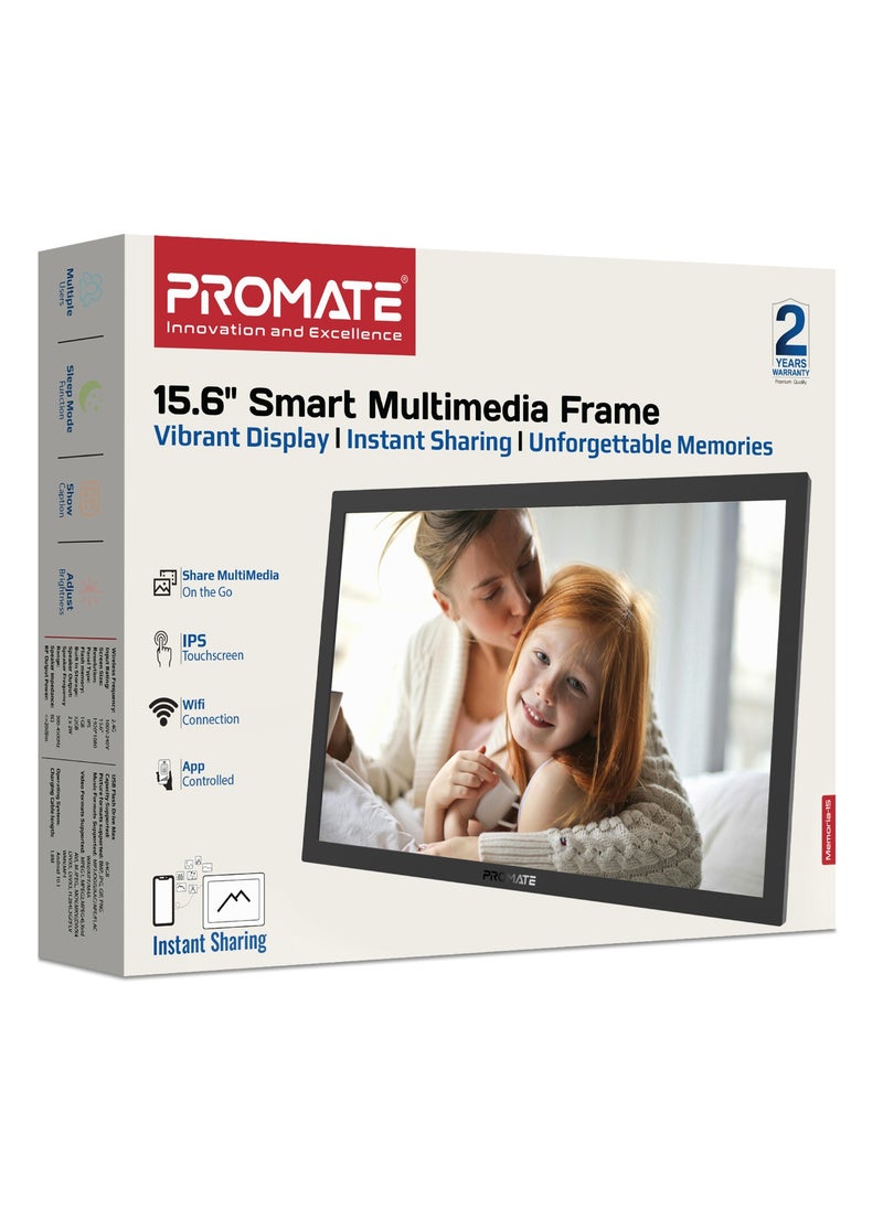 Promate Full HD Digital Photo Frame with 15.6-Inch Touchscreen, 32GB Storage, Wireless App Control, Multi Picture & Video Formats Compatibility, USB/TF Card Support, Dual Speakers, Memoria-15