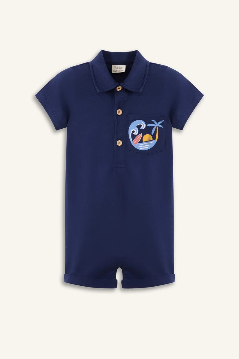 ديفاكتو Baby Boy Polo Neck Palm Patterned Short Sleeve Jumpsuit