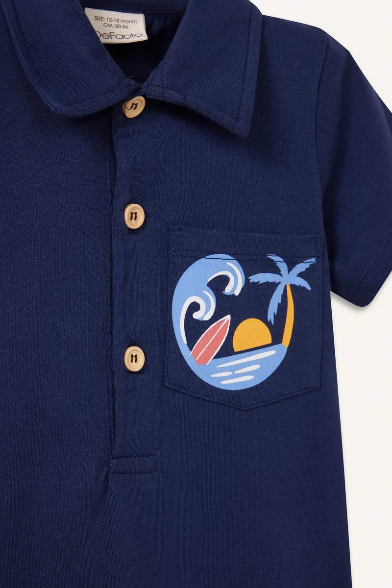 ديفاكتو Baby Boy Polo Neck Palm Patterned Short Sleeve Jumpsuit
