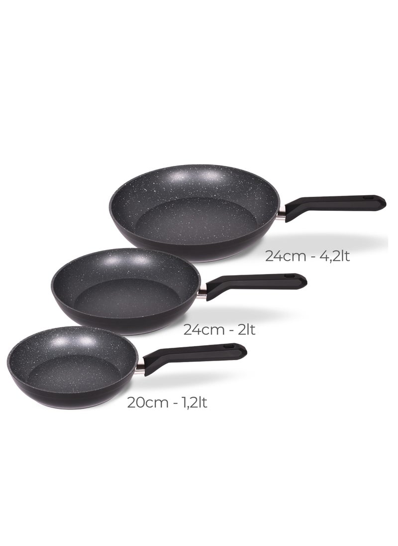 Serenk 3 Pieces Non-Stick Granite Frying Pans, Non-Toxic Granite Cookware Set, 20cm 24cm 28cm Frying Pan Set with Induction Base, Cooking Skillet for Stir Fries, Dishwasher Safe, PFOA Free, Serenk Excellence Pan Series  - Image 2