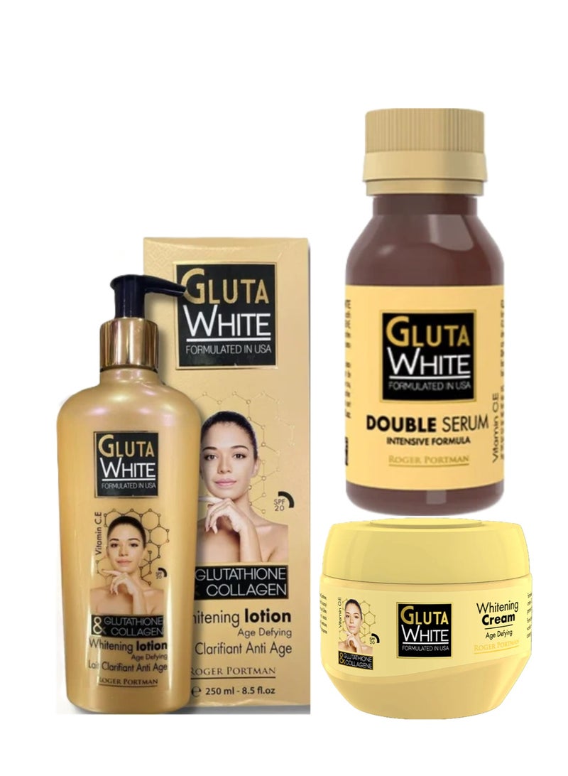 Gluta White 3-Piece Set – Glutathione & Collagen Whitening Body Lotion 250ml, Double Serum 60 ml & Body Cream 275ml - Image 1