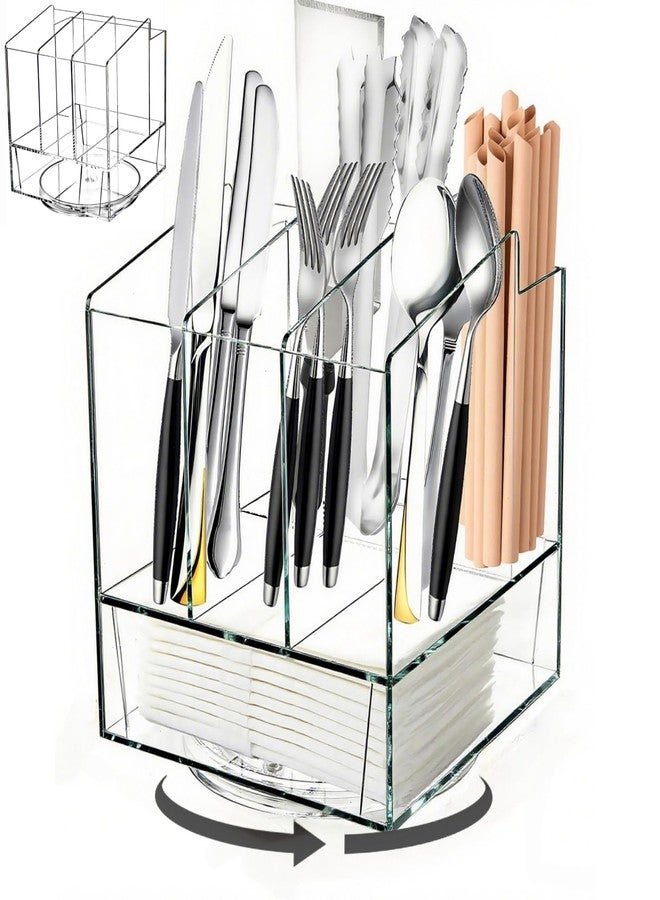 Cididu Acrylic Utensil Holder 360 Rotating, 2 Tier Silverware Organizer with Napkin Storage, Space Saving Countertop Caddy for Kitchen Table, Party, Holds Forks, Spoons, Knives, Napkins, 6.7''x7.8'' - Image 1