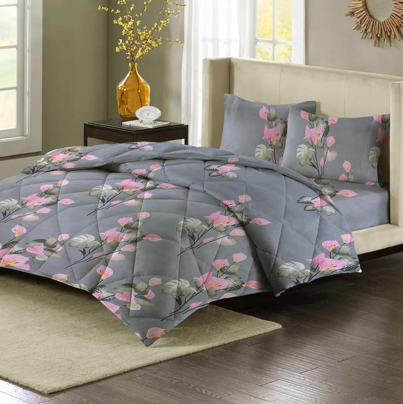 VAS COLLECTIONS مجموعة فاس كولكشنز لحاف سوبر سوفت قطن جليسي بحجم كينج هدية زفاف (مع حقيبة) لسرير مزدوج مع 1 ملاءة مسطحة و 2 غطاء وسادة بألوان باستيل رمادي ووردي (مجموعة لحاف 4 قطع) - Image 3