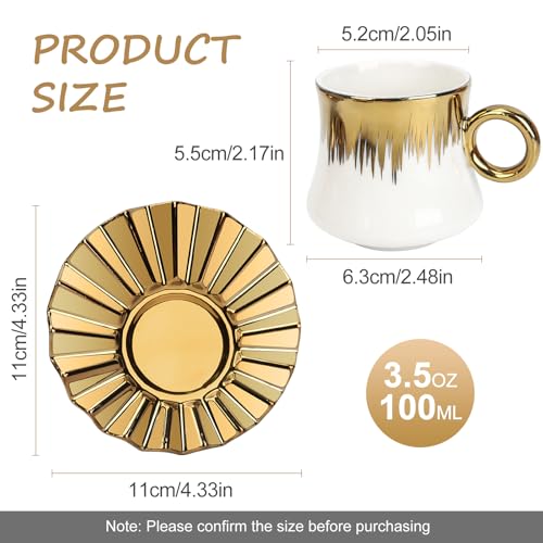 Hebaogugu Coffee Cup Set of 6 with Saucers, 3.5 OZ Ceramic Espresso Cups, Deco Gold Trim Coffee Cup Gift for Cappuccino, Latte, Cafe Mocha and Tea, Dishwasher & Microwave Safe (White and Gold) - Image 4