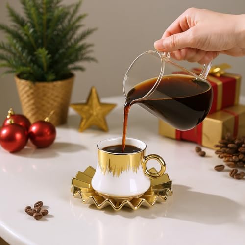Hebaogugu Coffee Cup Set of 6 with Saucers, 3.5 OZ Ceramic Espresso Cups, Deco Gold Trim Coffee Cup Gift for Cappuccino, Latte, Cafe Mocha and Tea, Dishwasher & Microwave Safe (White and Gold) - Image 2