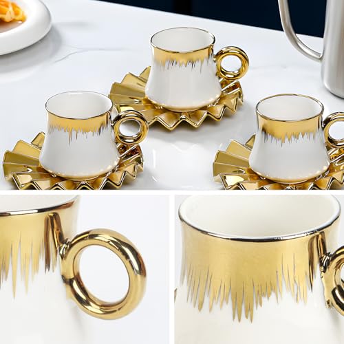 Hebaogugu Coffee Cup Set of 6 with Saucers, 3.5 OZ Ceramic Espresso Cups, Deco Gold Trim Coffee Cup Gift for Cappuccino, Latte, Cafe Mocha and Tea, Dishwasher & Microwave Safe (White and Gold) - Image 3