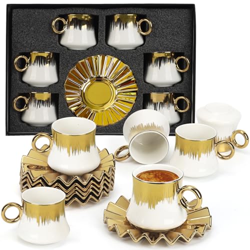 Hebaogugu Coffee Cup Set of 6 with Saucers, 3.5 OZ Ceramic Espresso Cups, Deco Gold Trim Coffee Cup Gift for Cappuccino, Latte, Cafe Mocha and Tea, Dishwasher & Microwave Safe (White and Gold) - Image 1