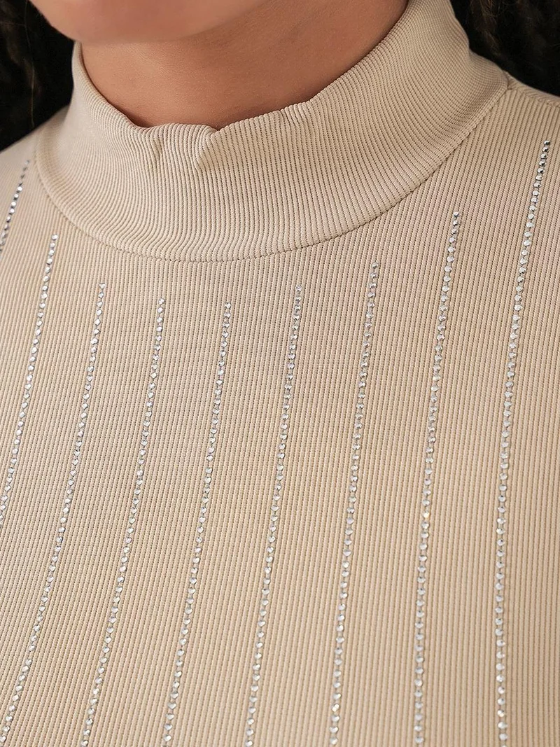 Big Dart Beaver Brown BDART Striped Half Turtleneck Long Sleeve Top with Stone Detail for Women | Best Price UAE