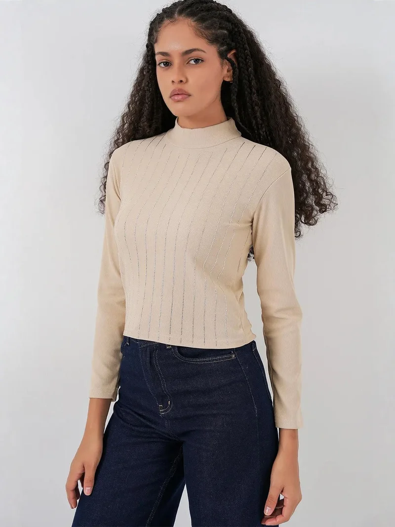 Big Dart Beaver Brown BDART Striped Half Turtleneck Long Sleeve Top with Stone Detail for Women | Best Price UAE