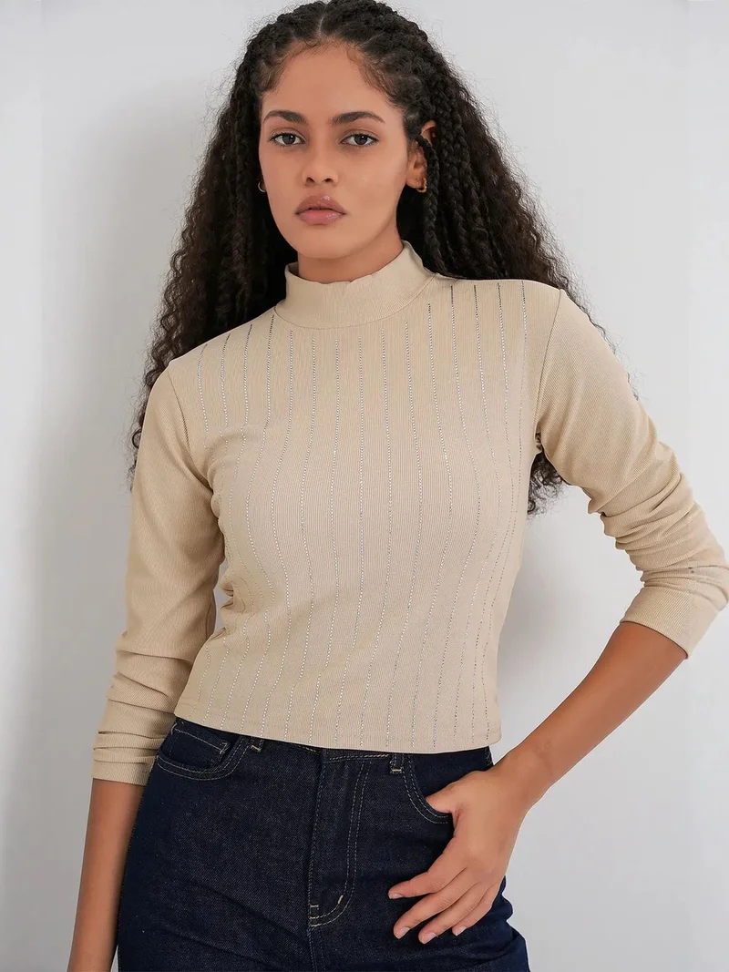 Big Dart Beaver Brown BDART Striped Half Turtleneck Long Sleeve Top with Stone Detail for Women | Best Price UAE