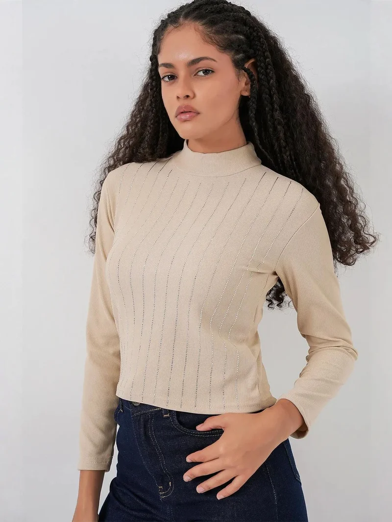 Big Dart Beaver Brown BDART Striped Half Turtleneck Long Sleeve Top with Stone Detail for Women | Best Price UAE