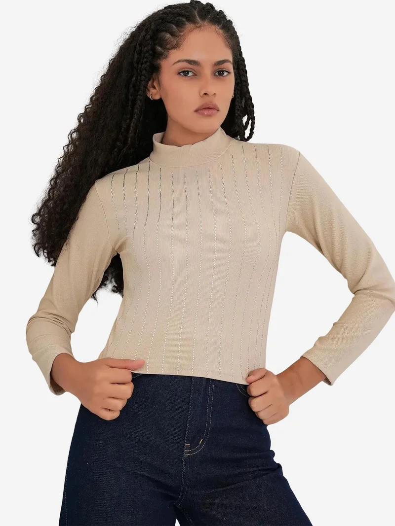 Big Dart Beaver Brown BDART Striped Half Turtleneck Long Sleeve Top with Stone Detail for Women | Best Price UAE