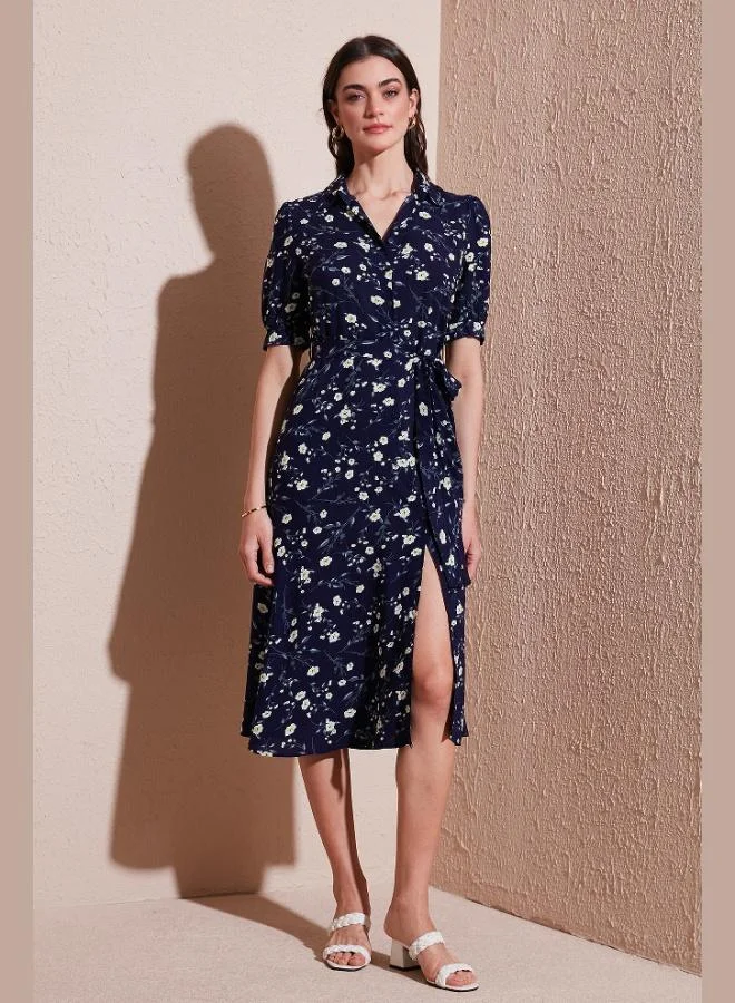 Lela Lela Patterned Regular Fit Slit Midi Length Belted Shirt Dress Women's Dress 6782106