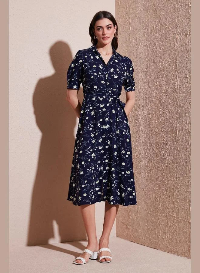 Lela Lela Patterned Regular Fit Slit Midi Length Belted Shirt Dress Women's Dress 6782106