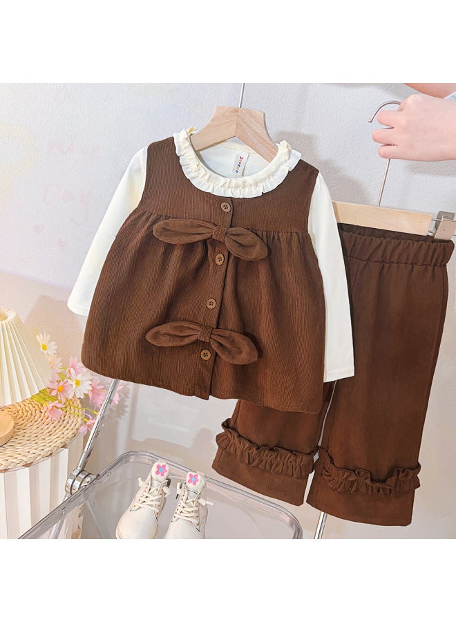 طقم بنات بلون البني لربيع بأسلوب غربي، قميص داخلي دانتيل سترة، بنطال واسع كاجوال للرضيع
