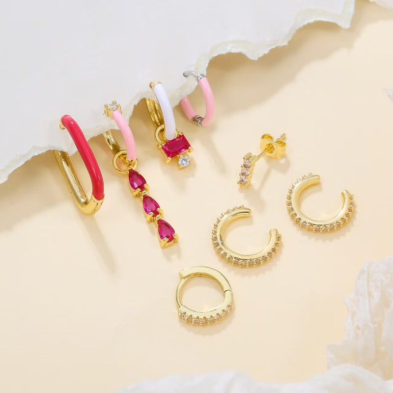 Yewkit Gold Hoop Earrings Set for Women, 7Pcs 14K Gold Plated Hypoallergenic Multiple Piercing Earrings for Women Jewelry Gift (Style-Pink Gold Hoop cz A) - Image 4