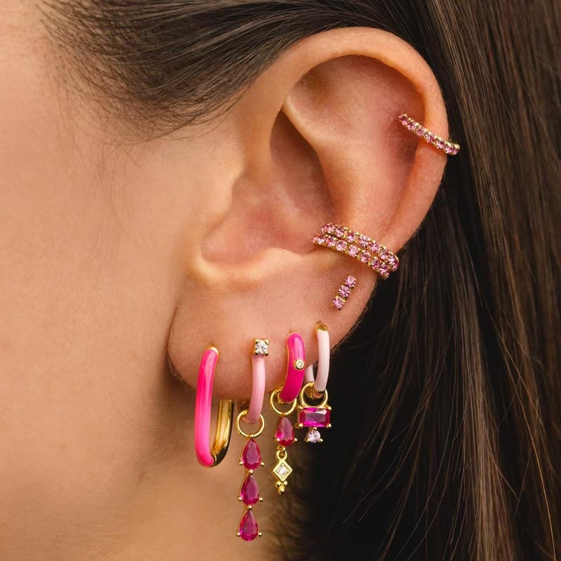 Yewkit Gold Hoop Earrings Set for Women, 7Pcs 14K Gold Plated Hypoallergenic Multiple Piercing Earrings for Women Jewelry Gift (Style-Pink Gold Hoop cz A) - Image 2