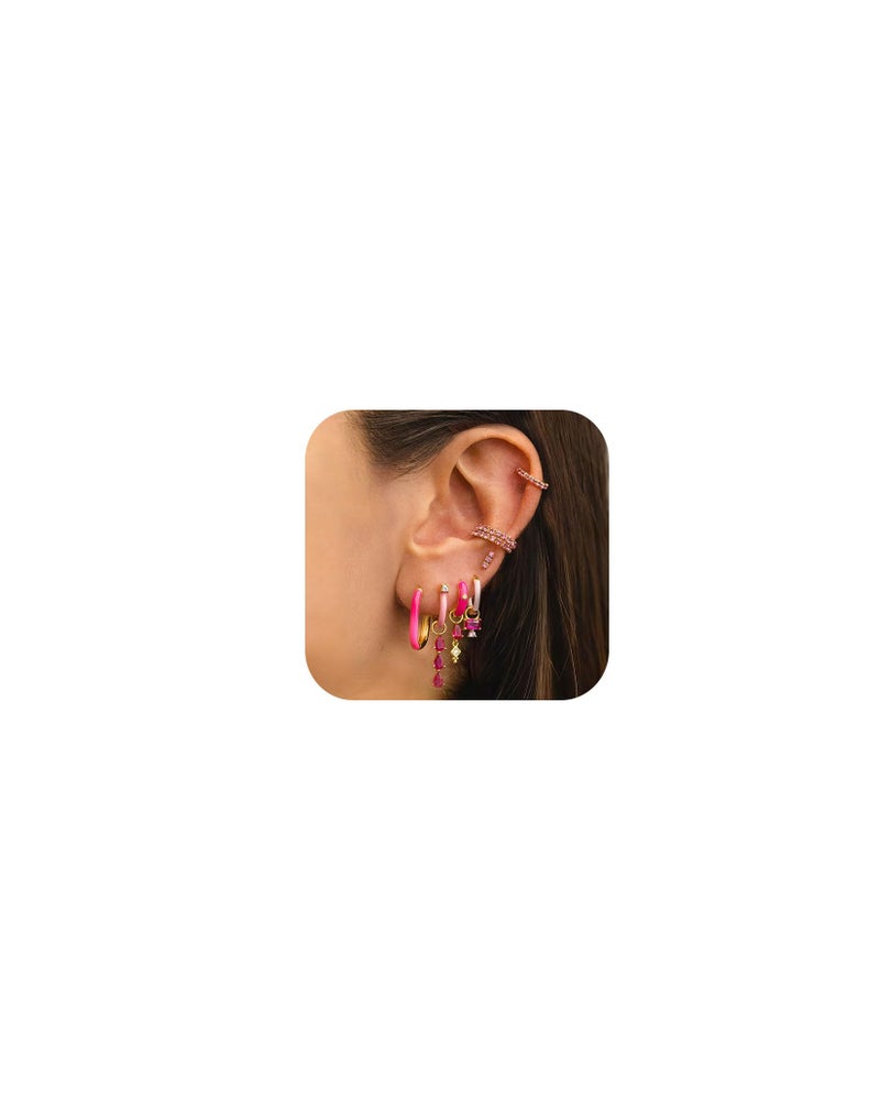 Yewkit Gold Hoop Earrings Set for Women, 7Pcs 14K Gold Plated Hypoallergenic Multiple Piercing Earrings for Women Jewelry Gift (Style-Pink Gold Hoop cz A) - Image 1