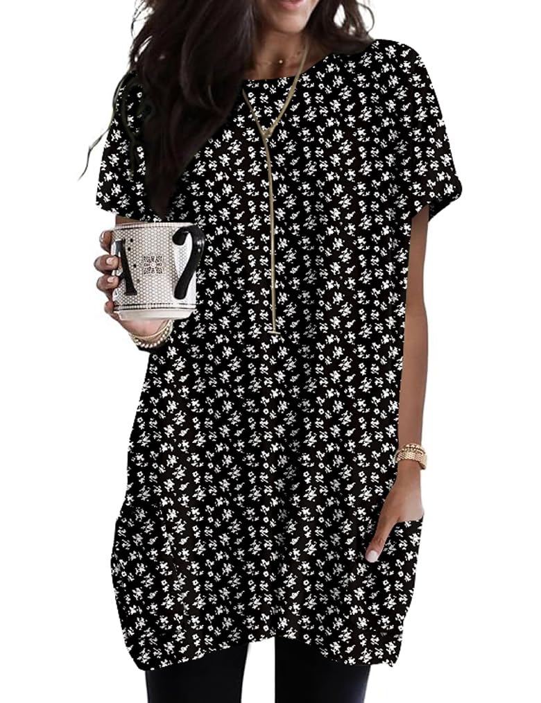 Poetsky Short Sleeve Womens Bohemian Shirts Peasant Trendy Tunic Cute Summer Tops Loose Fit Ethnic Floral Work Blouses Office with Pockets Dressy Casual Outfits to Wear with Leggings Black S