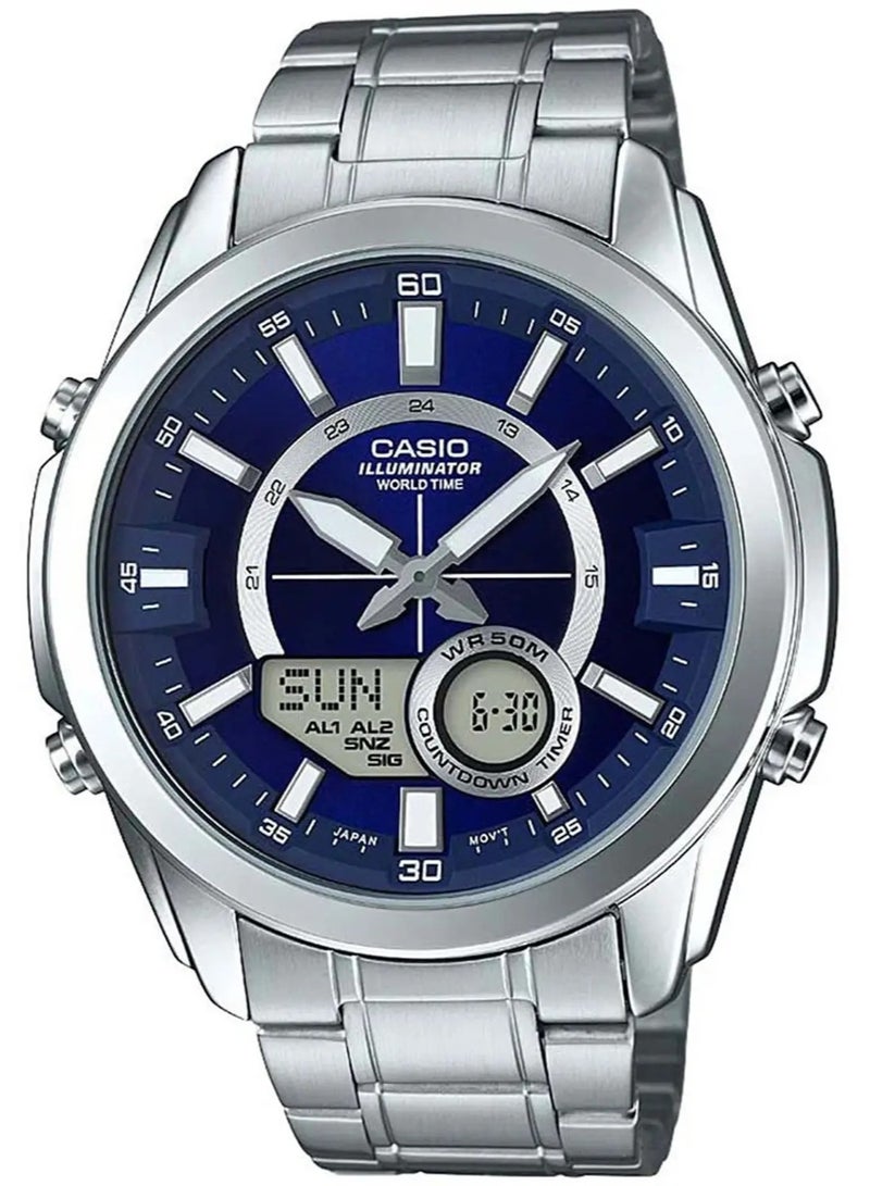 CASIO Analog-Digital Enticer Men's Watch AMW‑810D‑2AVDF, 46.6 mm Blue Dial, Stainless Steel Case & Bracelet, 100 m WR - Image 1