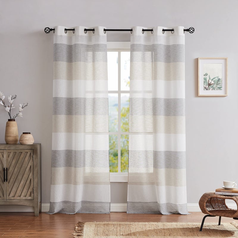 Central Park Gray Tan Stripe Sheer Color Block Window Curtain Panel Linen Window Treatment for Bedroom Living Room Farmhouse 108 inches Long with Grommets 2 Panel Rustic Drapes