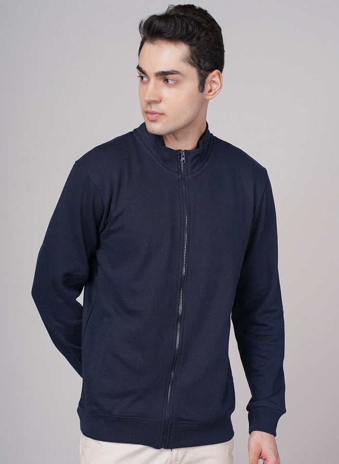 OUTLAWS Blue Solid Stand Collar Bomber Jacket with Zip Detail - Image 4