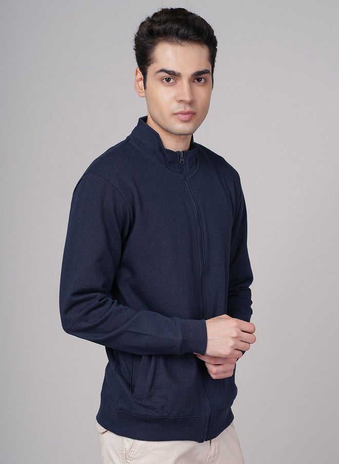 OUTLAWS Blue Solid Stand Collar Bomber Jacket with Zip Detail - Image 3