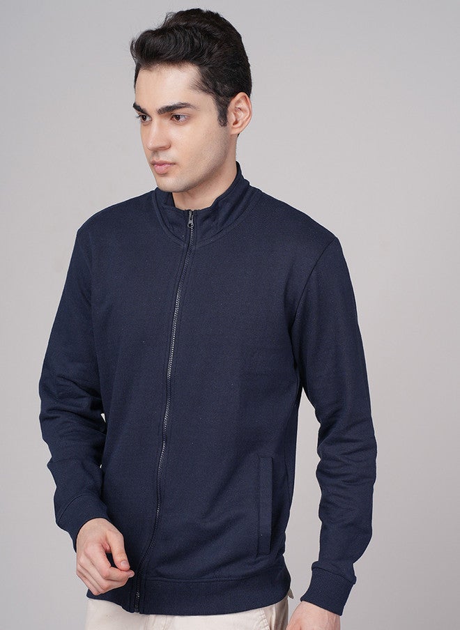 OUTLAWS Blue Solid Stand Collar Bomber Jacket with Zip Detail - Image 1