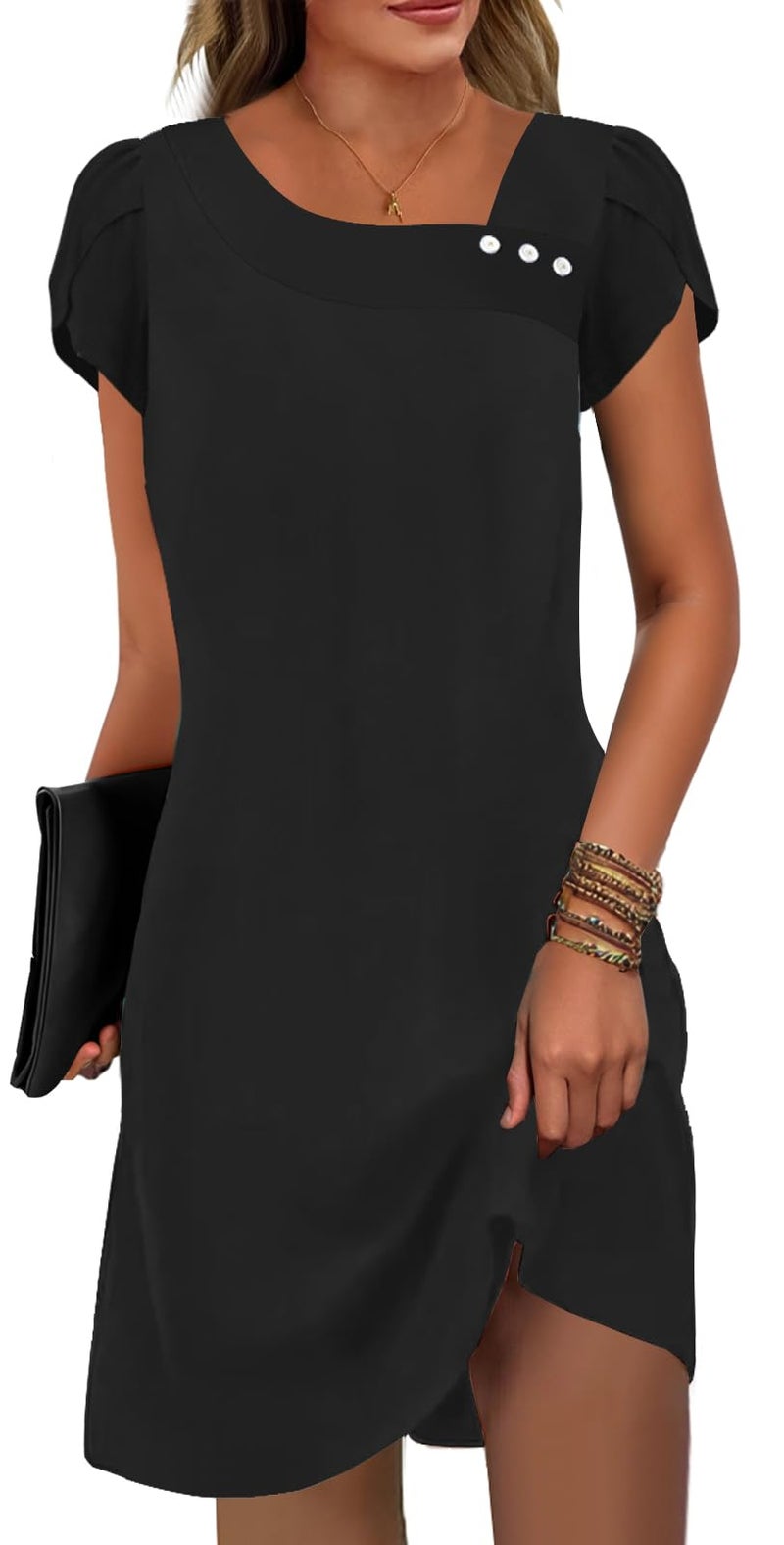 ETCYY Women's Sundresses Petal Short Sleeve Summer Dresses Swimsuit Cover Up Shirt Bathing Square Neck Button Beach Dress,Pure Black,Medium - Image 1