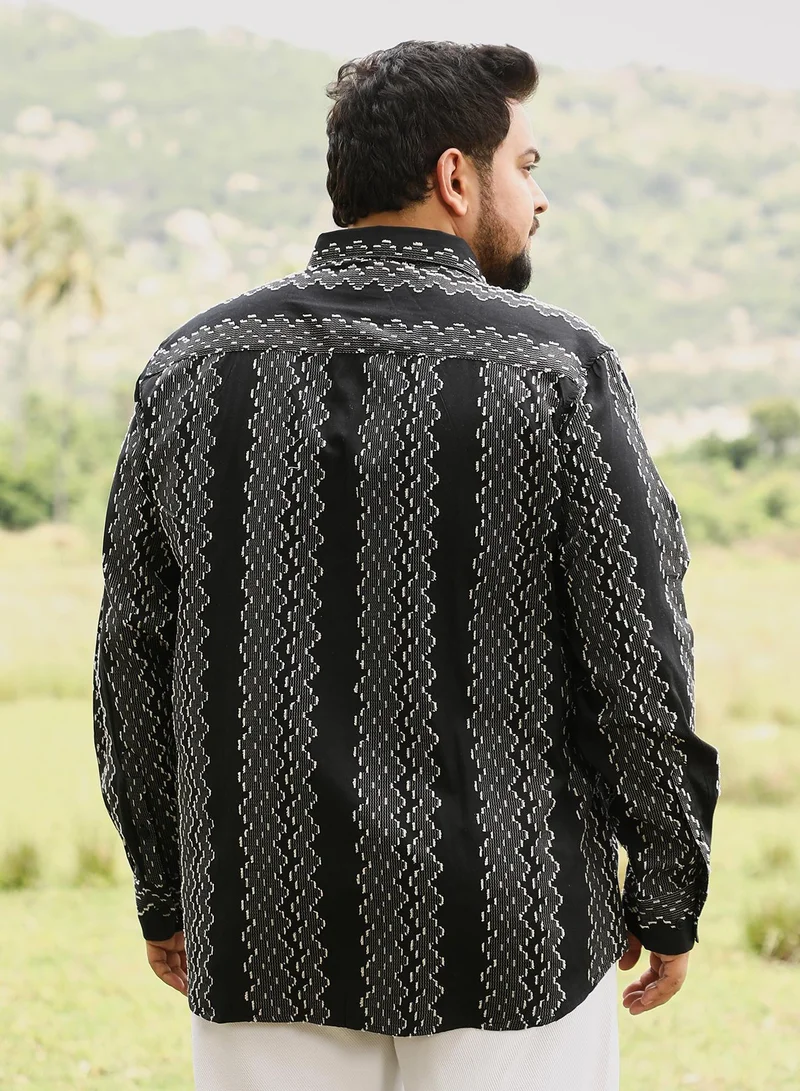 Instafab Plus Instafab Men's Onyx Black Cloudy-Panel Jacquard Shirt | Spread Collar , Long Cuffed Sleeves , Button Closure | Abstract-Stripes Jacquard | Cotton-Blend Shirt For Casual Wear