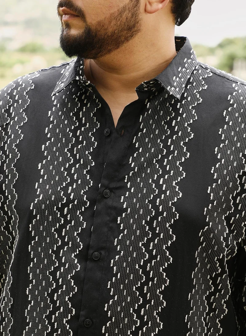 Instafab Plus Instafab Men's Onyx Black Cloudy-Panel Jacquard Shirt | Spread Collar , Long Cuffed Sleeves , Button Closure | Abstract-Stripes Jacquard | Cotton-Blend Shirt For Casual Wear