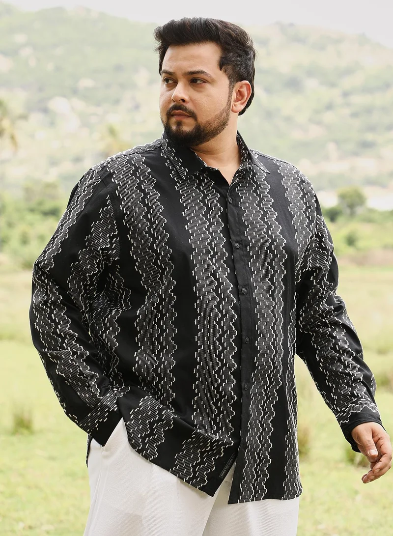 Instafab Plus Instafab Men's Onyx Black Cloudy-Panel Jacquard Shirt | Spread Collar , Long Cuffed Sleeves , Button Closure | Abstract-Stripes Jacquard | Cotton-Blend Shirt For Casual Wear