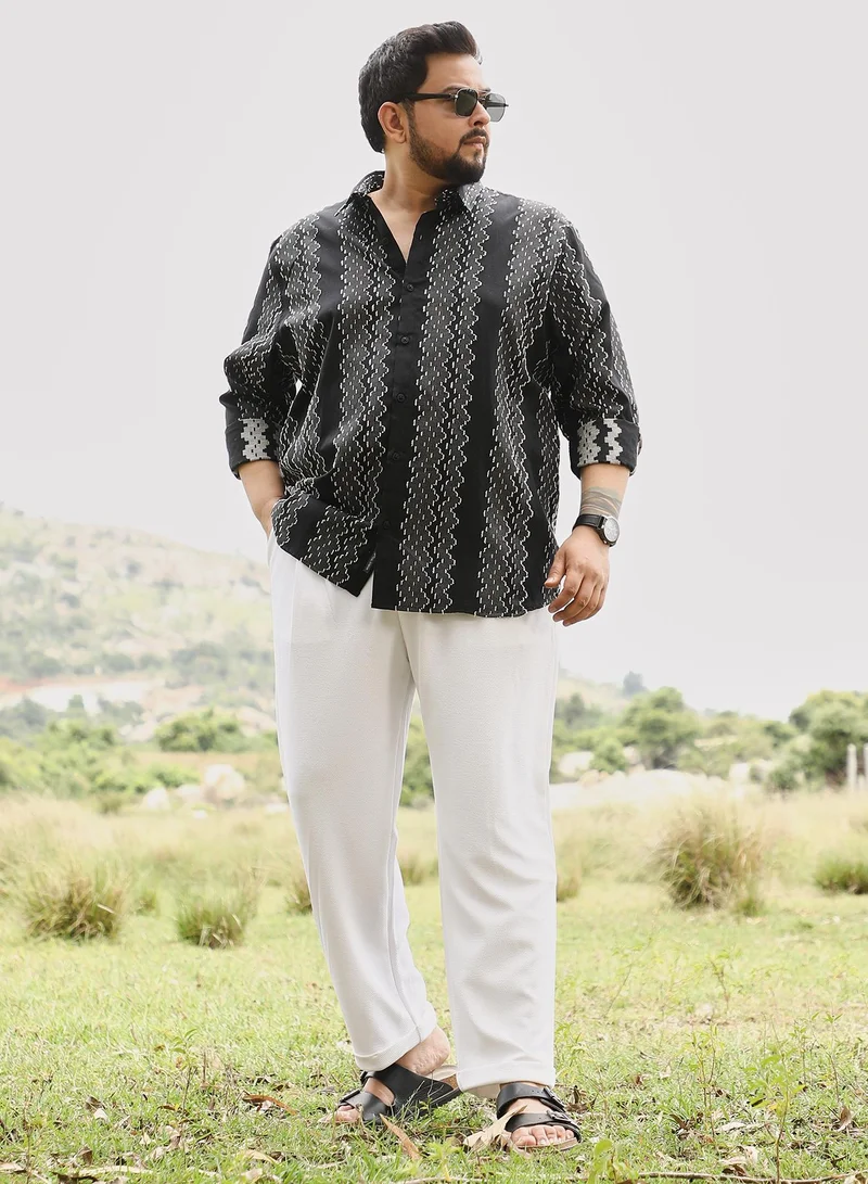 Instafab Plus Instafab Men's Onyx Black Cloudy-Panel Jacquard Shirt | Spread Collar , Long Cuffed Sleeves , Button Closure | Abstract-Stripes Jacquard | Cotton-Blend Shirt For Casual Wear