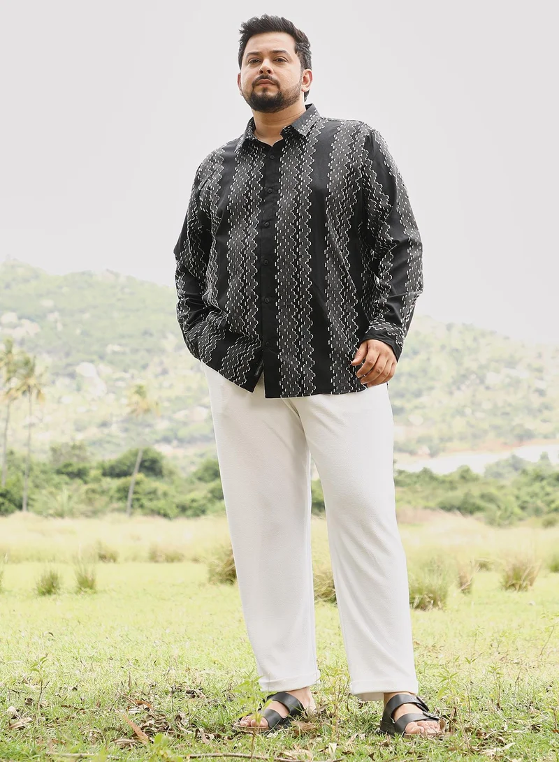 Instafab Plus Instafab Men's Onyx Black Cloudy-Panel Jacquard Shirt | Spread Collar , Long Cuffed Sleeves , Button Closure | Abstract-Stripes Jacquard | Cotton-Blend Shirt For Casual Wear