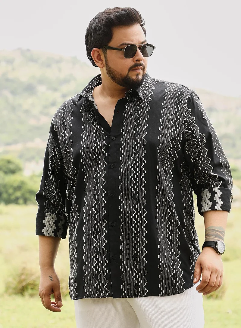 انستافاب بلس Instafab Men's Onyx Black Cloudy-Panel Jacquard Shirt | Spread Collar , Long Cuffed Sleeves , Button Closure | Abstract-Stripes Jacquard | Cotton-Blend Shirt For Casual Wear