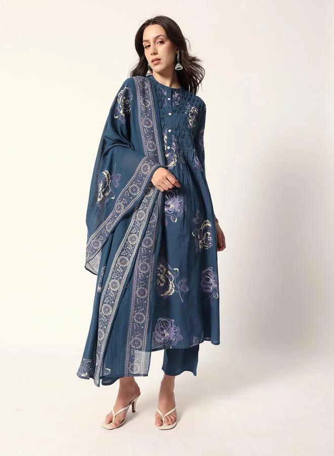 آي شين Women's Blue Cotton Printed Tunic Upper Calf Length Pleat Front Bottom Relaxed 2 Peice Kurta Set