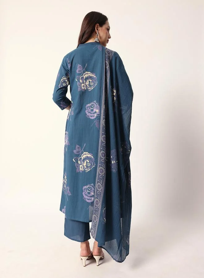 آي شين Women's Blue Cotton Printed Tunic Upper Calf Length Pleat Front Bottom Relaxed 2 Peice Kurta Set