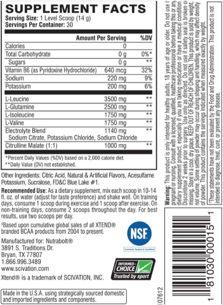 XTEND - XTEND Original BCAA Powder Blue Raspberry Ice - Sugar Free Post Workout Muscle Recovery Drink with Amino Acids - 7g BCAAs for Men & Women - 30 Servings - Image 1