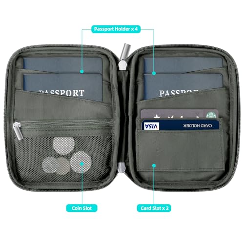 WALNEW Passport Holder Family for 4, RFID Blocking Travel Wallet Women Men, Lightweight Zipper Document Organizer Pouch Bag Credit Cards Case Cover for Travelling, Gray - Image 3