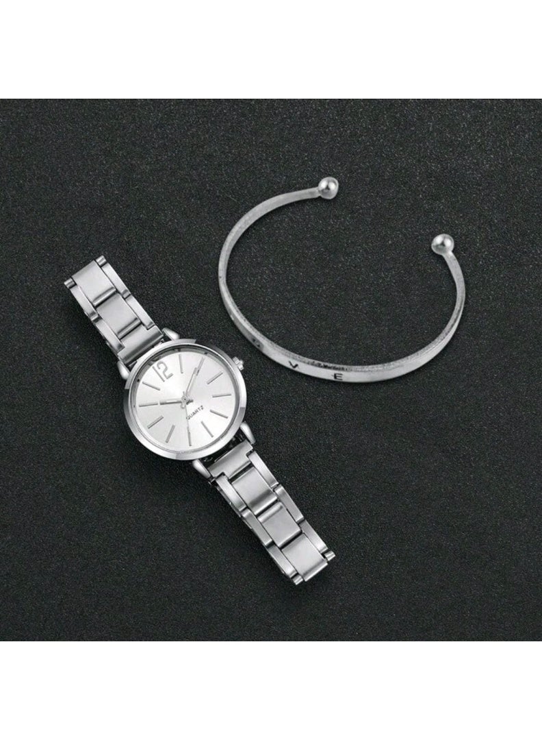 شي إن SHEIN 1pc Round Pointer Quartz Watch & 1pc Bracelet (Silver) - Image 5