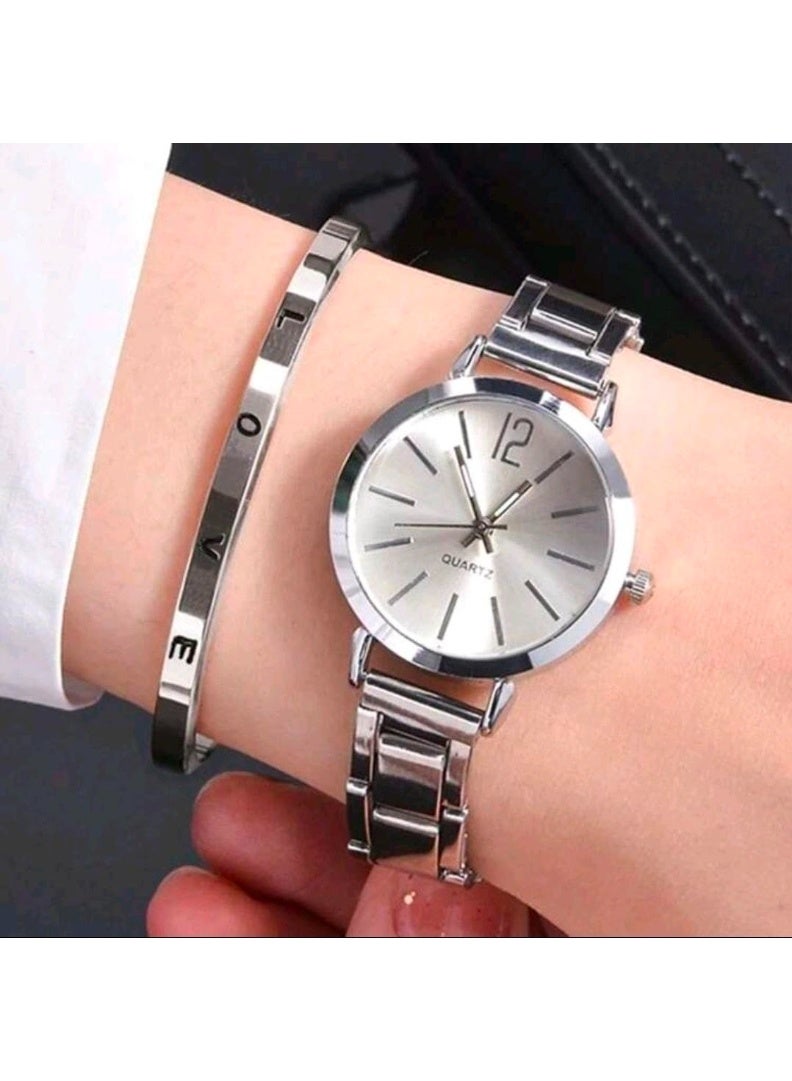 شي إن SHEIN 1pc Round Pointer Quartz Watch & 1pc Bracelet (Silver) - Image 2