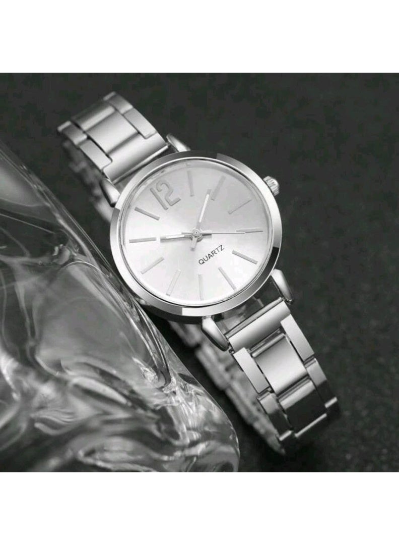 شي إن SHEIN 1pc Round Pointer Quartz Watch & 1pc Bracelet (Silver) - Image 3