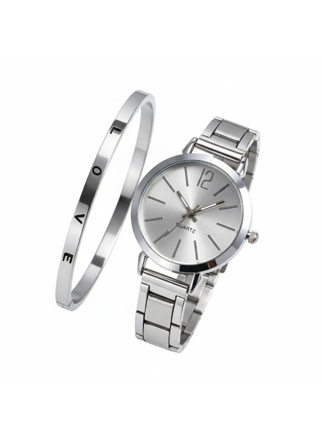 شي إن SHEIN 1pc Round Pointer Quartz Watch & 1pc Bracelet (Silver) - Image 1