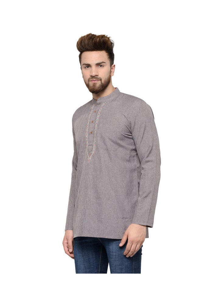 ARCHATTIRE Men’s Grey Cotton Kurta with Embroidered Neck - Image 4