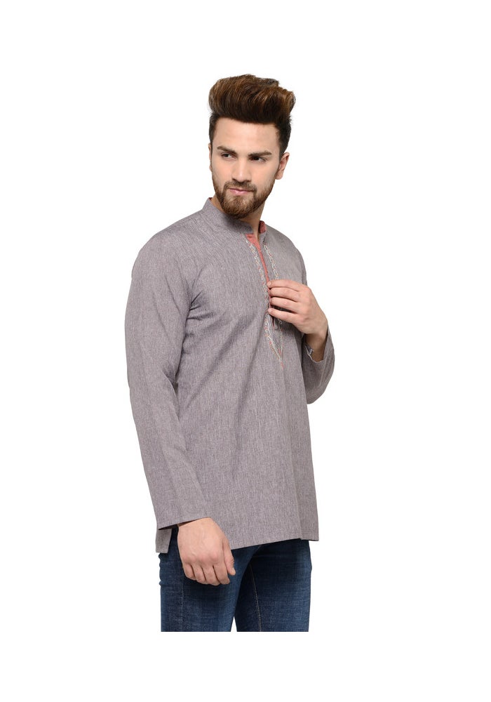 ARCHATTIRE Men’s Grey Cotton Kurta with Embroidered Neck - Image 3