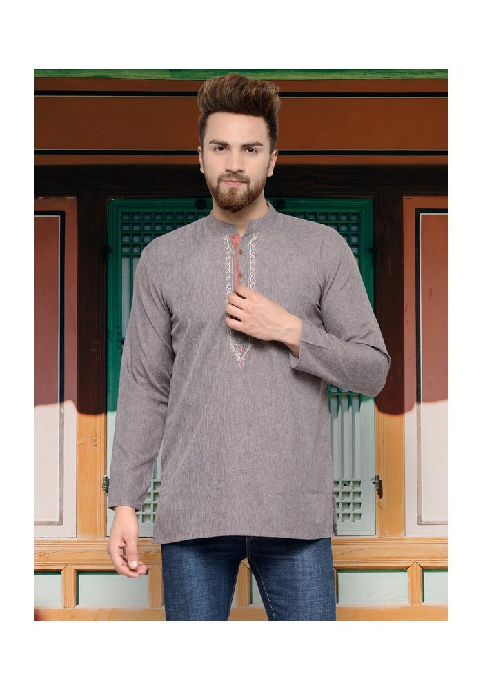 ARCHATTIRE Men’s Grey Cotton Kurta with Embroidered Neck - Image 2